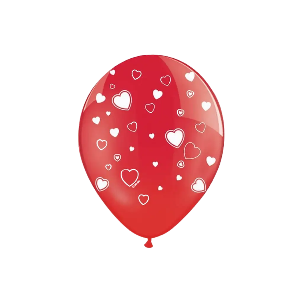 Paquete de 6 globos rojos con diseño de corazones blancos