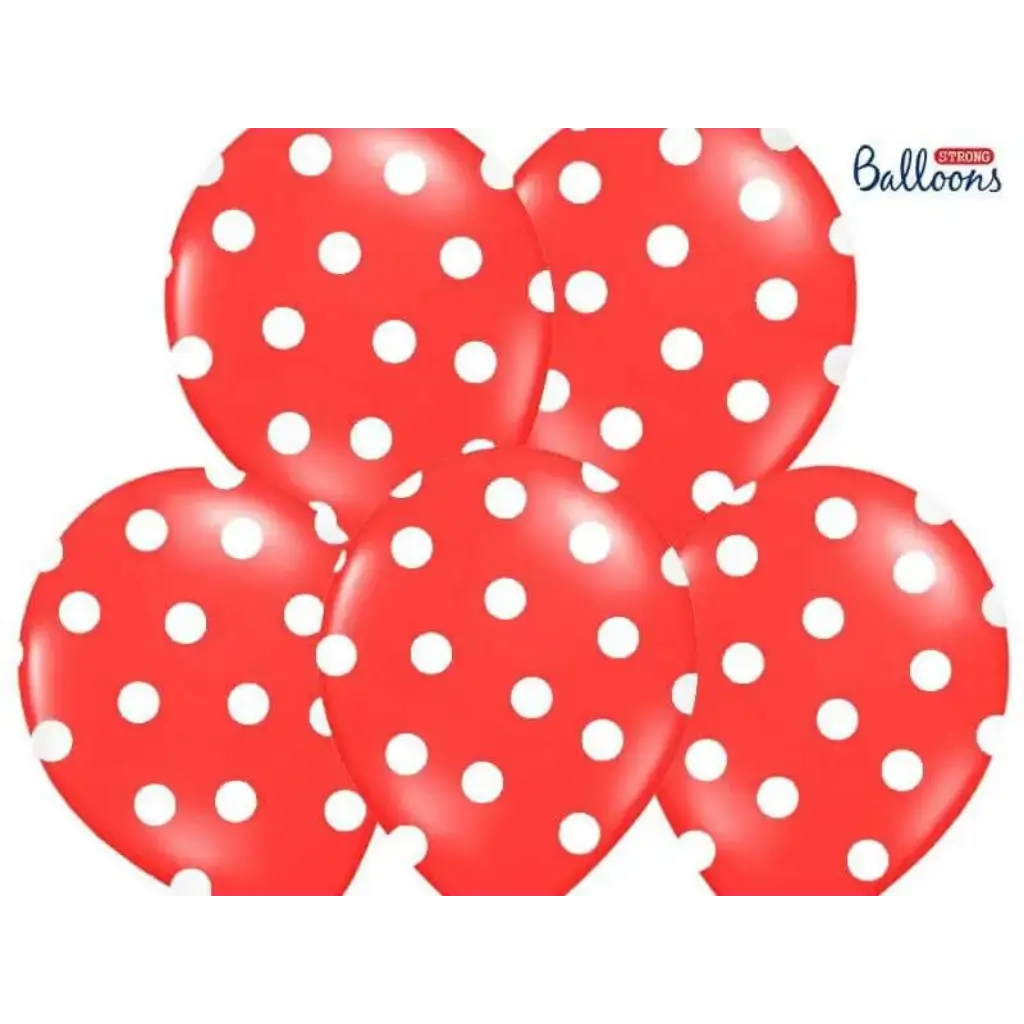 Paquete de 6 globos rojos con dibujos redondos blancos