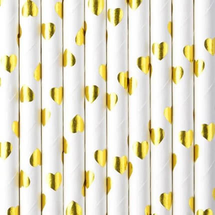 Pajitas de papel blanco con estampado de corazones dorados - PAQUETE DE 10